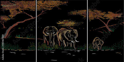 Elephants on a watering place. Triptych