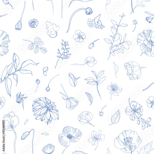 Floral seamless pattern with scattered blooming garden flowers, leaves, buds, inflorescences hand drawn with blue contour lines on white background. Natural vector illustration in vintage style.
