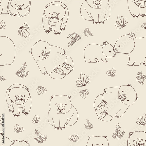 Monochrome seamless pattern with funny wombats and plants hand drawn with contour lines on light background. Backdrop with cute Australian endemic animals. Childish vector illustration for wallpaper.