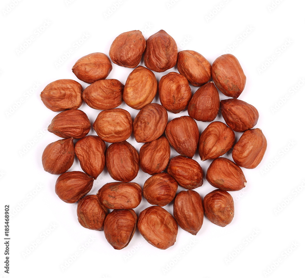 Fototapeta premium Whole hazelnuts isolated on white background, top view