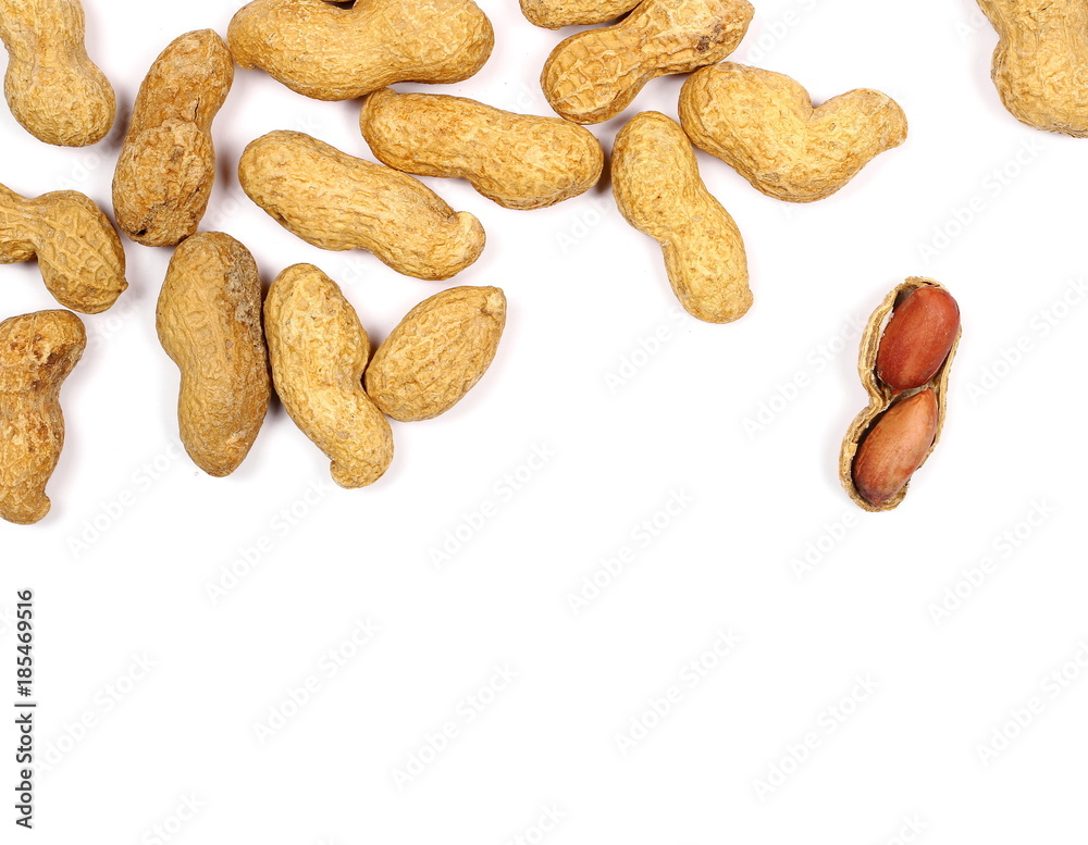 Peanuts with shells isolated on white background, top view Peanuts with shells isolated on white background, top view