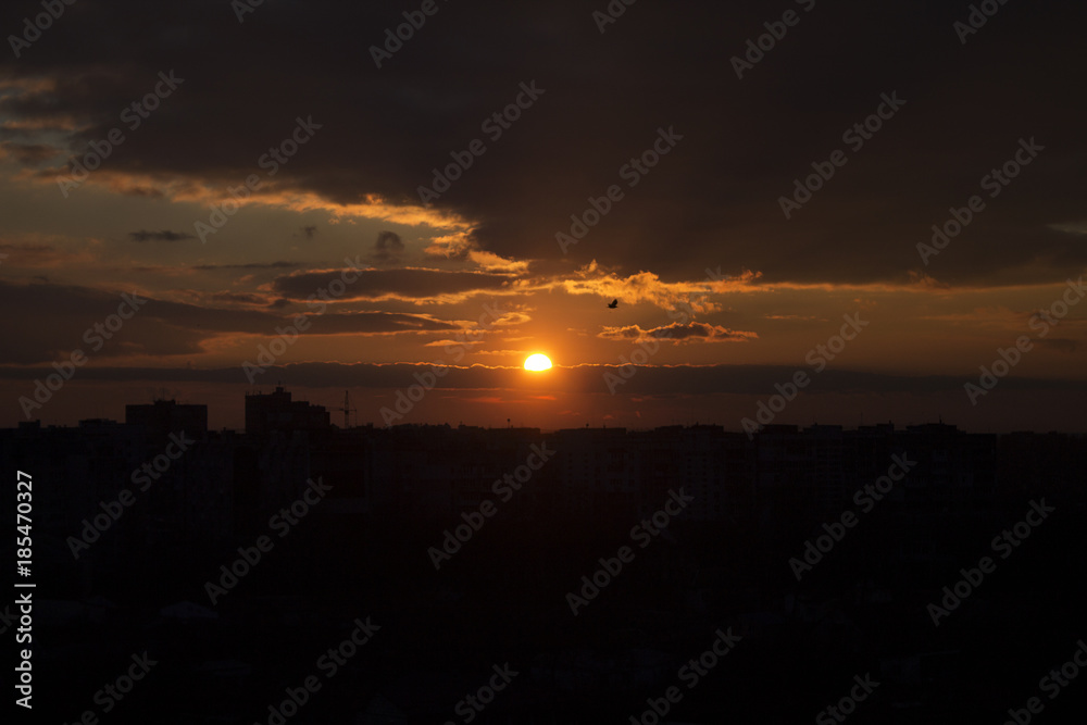 Sunset sky and cloud with siluate city scape