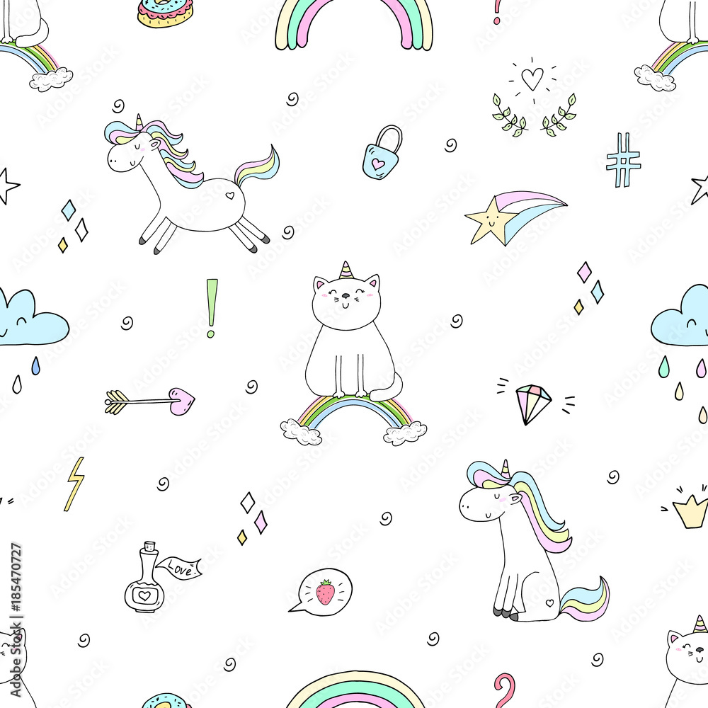 Plakat Ręka rysujący bezszwowy wzór z ślicznym kotem na tęczy, doodle ilustracja dla dzieciaka wektoru druku