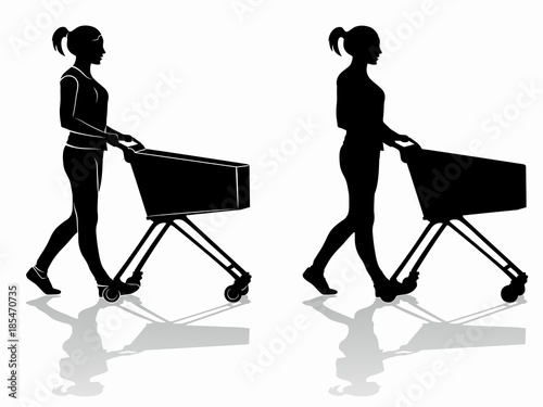 silhouette of a shopping woman with a cart , vector draw