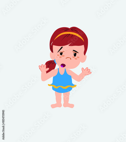 White girl in a swimsuit makes a gesture of tired resignation.
