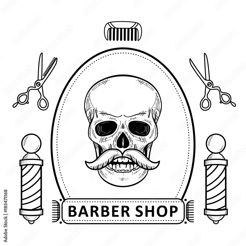 Monochrome set of outlined barbershop items hipster skull, scissors, comb  and barber pole, vector illustration isolated on white background. Barber  shop set hipster barber skull and tools Stock Vector