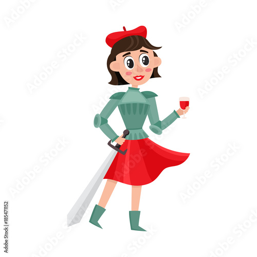 Pretty girl, woman dressed as Jane of Arc, French heroine, wearing armor, holding sword and wine, cartoon vector illustration isolated on white background. French woman, Jane of Arc character