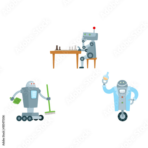 Flat robots set. Humanoid cleaner on wheels holding fetlock, shovel, laboratory assistant with test-tube, robot playing chess. Modern technology, artificial intelligence, Isolated vector illustration