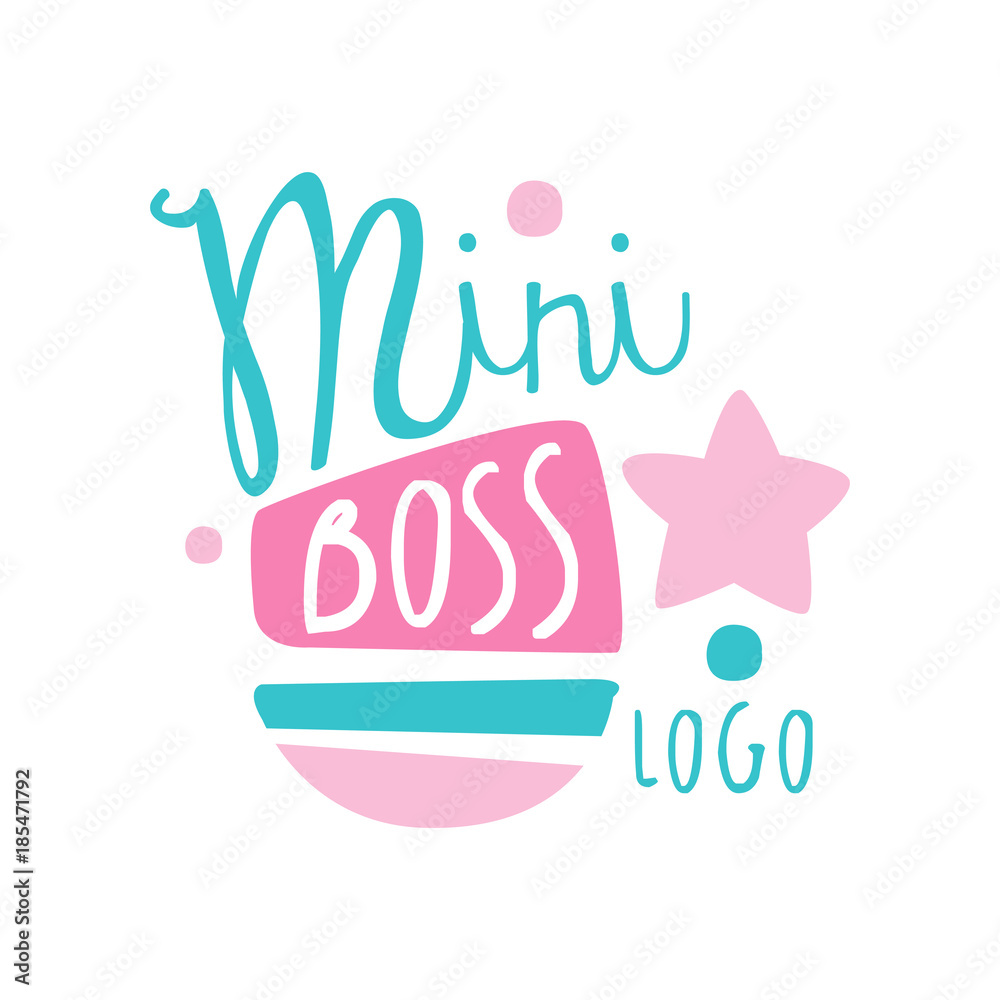 Blue and pink mini boss logo creative design. Original label for kids-focused business. Colorful hand drawn vector illustration isolated on white