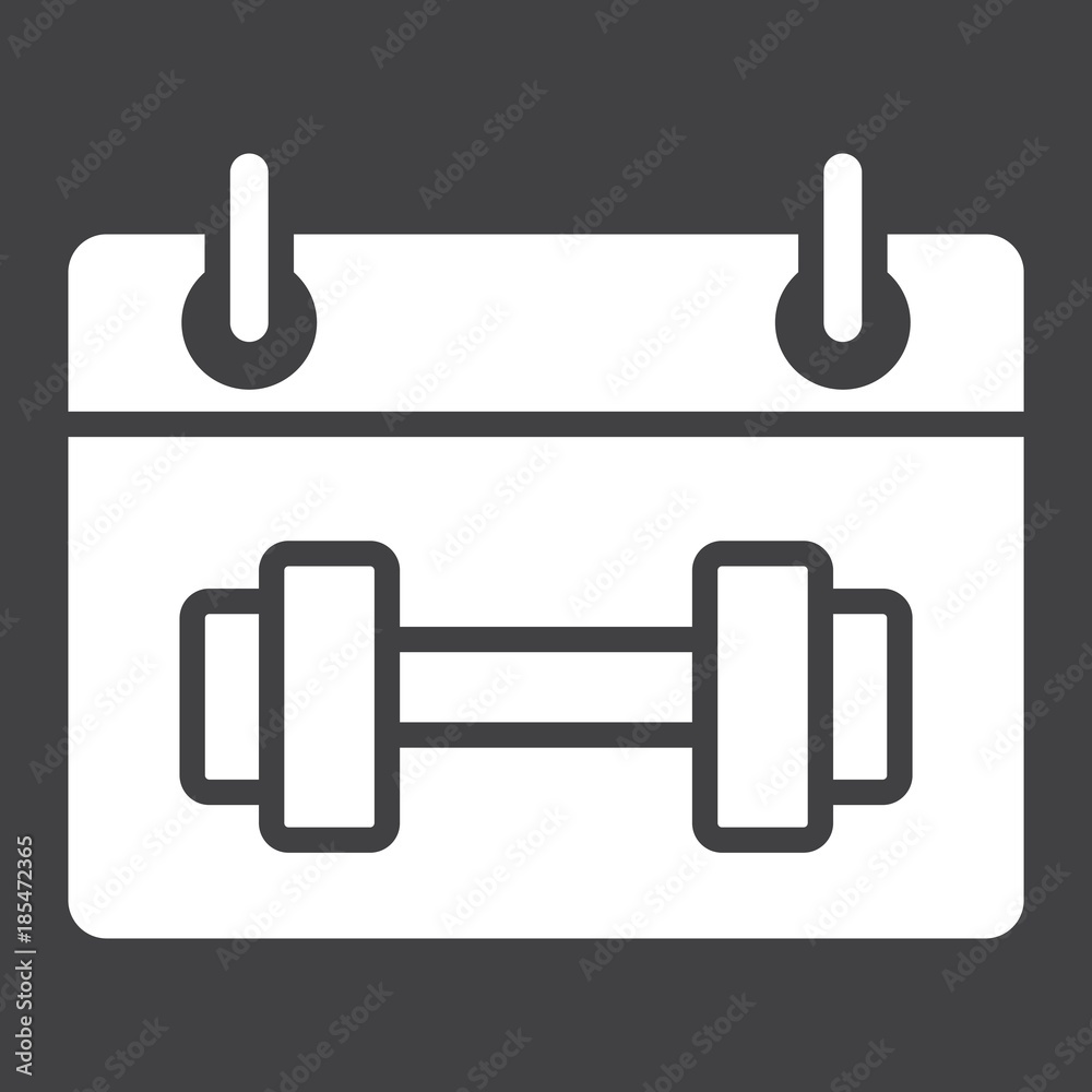 Training schedule glyph icon, fitness and sport, sport calendar sign vector graphics, a solid pattern on a black background, eps 10. Training schedule glyph icon, fitness and sport, sport calendar sign vector graphics, a solid pattern on a black background, eps 10.