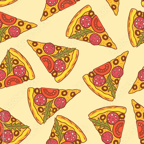 Pizza pattern. Vector color seamless pattern with hand drawn pizza slices. Isolated on light yellow background.
