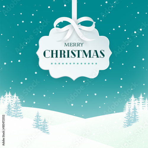 Night winter scene landscape background with snowy field and fir trees. Paper 3d label with silver bow and ribbon on the teal background with falling snow. Merry Christmas nature background. Vector.