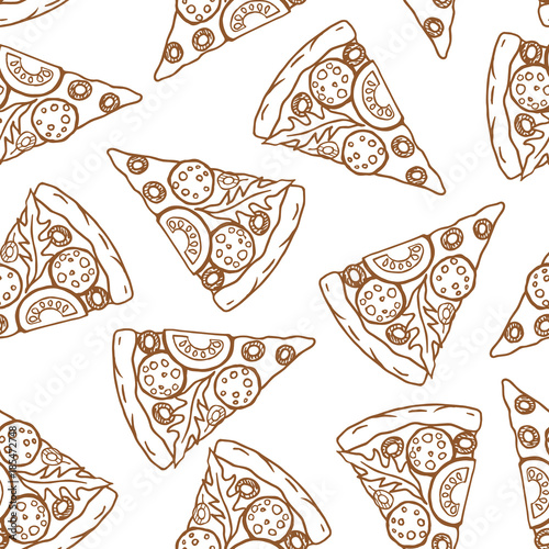 Pizza pattern. Vector seamless outline pattern with hand drawn pizza slices. Isolated on white background.