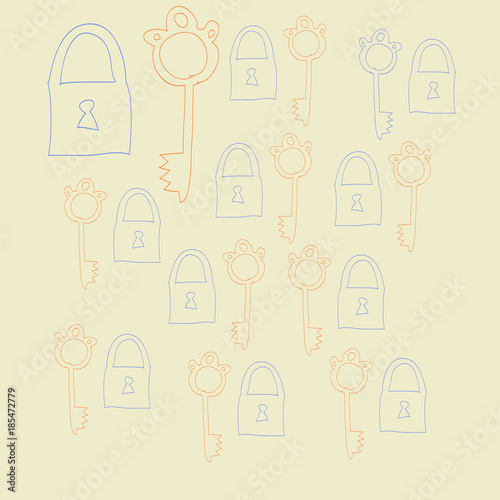 Keys and locks pattern . Hand drawn.