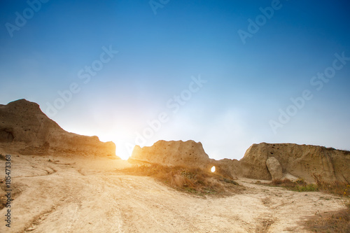 Mountains and a sea landscape with the blue sky. Black Sea, Russia. Beautiful view of the city.