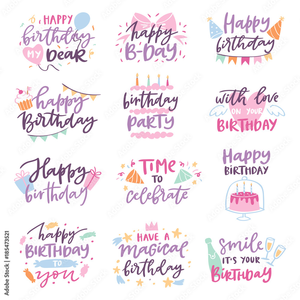 Happy birthday vector quote anniversary text sign kids birth lettering type with calligraphy letters or textual font for anniversary greeting card to typography illustration isolated on white