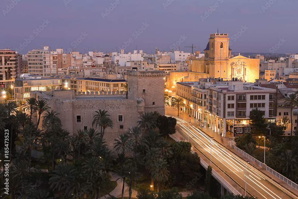 Views of Elche city at sunset in front of the palm grove.