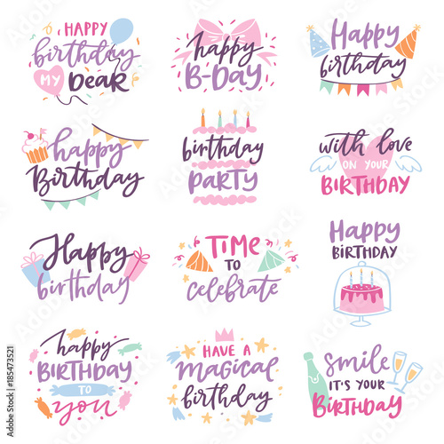 Happy birthday vector quote anniversary text sign kids birth lettering type with calligraphy letters or textual font for anniversary greeting card to typography illustration isolated on white