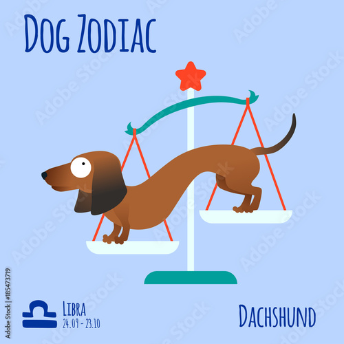 Illustration of a zodiac sign with a funny dog. Dachshund Libra