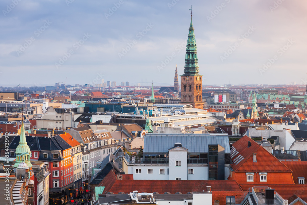Cityscape of Copenhagen with spire of City Hall
