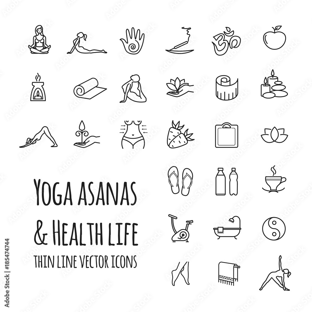 Fototapeta premium Yoga asanas. Health life vector icons set