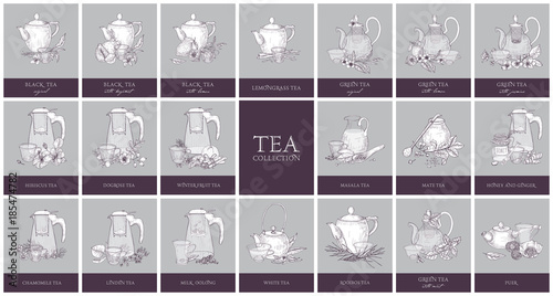 Set of labels or tags with different types of tea - black, green, hibiscus, fruit, milk oolong. Bundle of hand drawn aromatic beverages, teapots, glass cups and spices. Monochrome vector illustration.