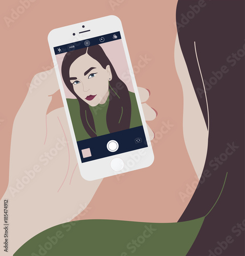 Young brunette woman holding smartphone and making selfie photo on front-facing camera. Long haired girl looking at phone with self portrait on screen. Colorful vector illustration in flat style.