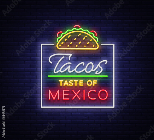 Taco logo vector. Neon sign on Mexican food, Tacos, street food, fast food, snack. Bright neon billboards, shining nightly ads of tacos, Mexican food, cafes, restaurants, dining, snack bars dining