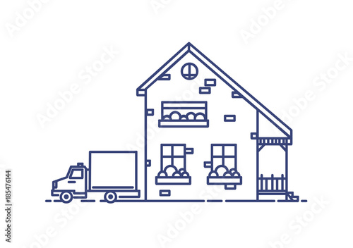 Two-storey suburban house with porch built with bricks and lorry parked besid...