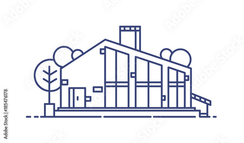 Suburban house with large panoramic windows surrounded by trees. Stylish modern living building drawn with blue lines and isolated on white background. Monochrome vector illustration in lineart style.