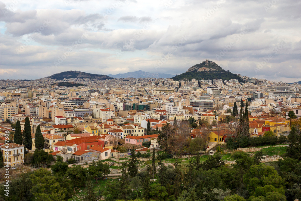 Greece, Athens city partial view with Lycabettus hill in the background.