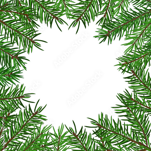 Background with realistic green fir tree branch. Place for text, congratulation. Christmas, New Year symbol.