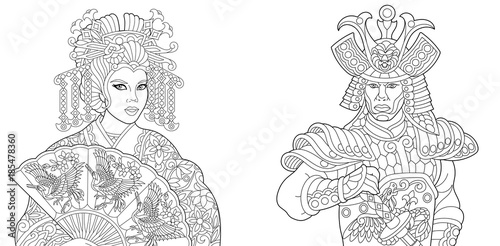 Coloring book. Coloring page. Geisha (oriental dancing actress) holding paper fan with crane birds. Japanese samurai with katana sword. Freehand sketch drawing with doodle and zentangle elements.