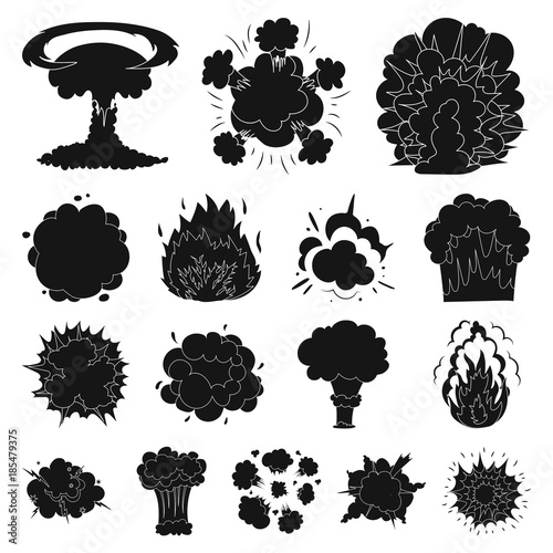 Different explosions black icons in set collection for design.Flash and flame vector symbol stock web illustration.