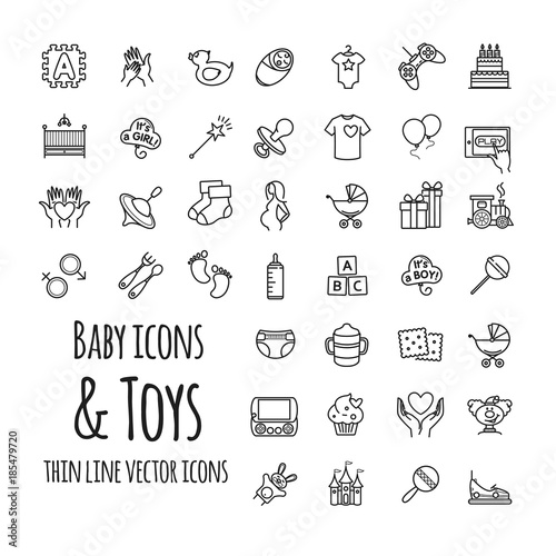 baby, toys, games, feeding and care vector icons set