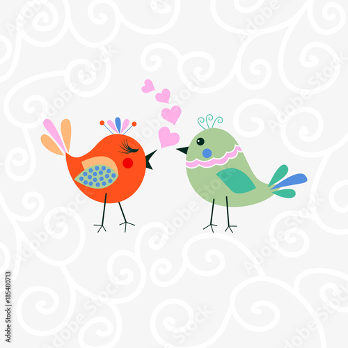 Two happy cute bird in love with the heart. Happy Valentine s day Card.