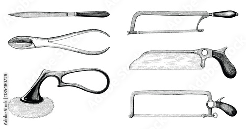 Vintage medical amputation set hand drawing engraving style