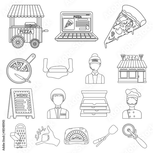 Pizza and pizzeria outline icons in set collection for design. Staff and equipment vector symbol stock web illustration.