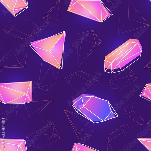 Seamless pattern with natural pink gemstones, mineral crystals or precious and semiprecious faceted stones and their outlines on purple background. Vector illustration for wallpaper, textile print.