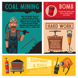 Coal mining. Miner character and tools. Cartoon vector illustration