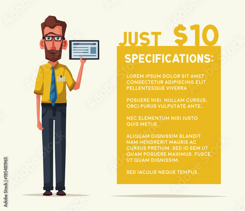 Funny seller with tablet. Cartoon vector illustration