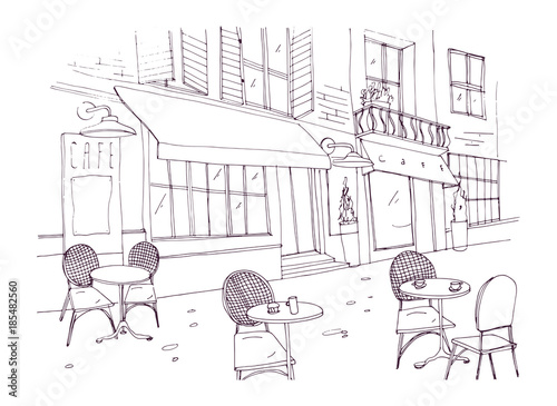 Drawing of sidewalk cafe or restaurant with tables and chairs standing on city street beside antique building with awning hand drawn with contour lines on white background. Vector illustration.