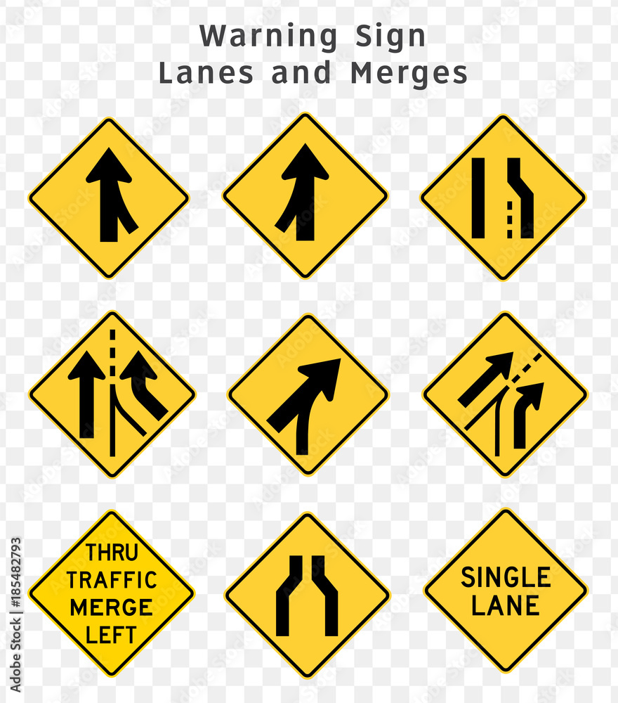 Road sign. Warning. Lanes and Merges. Vector illustration on transparent background Road sign. Warning. Lanes and Merges. Vector illustration on transparent background