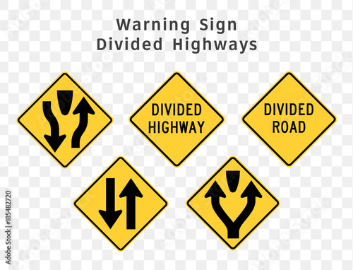 Road sign. Warning. Divided Highways.  Vector illustration on transparent background