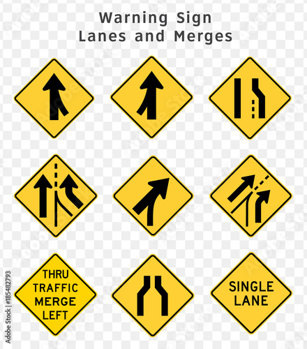 Road sign. Warning. Lanes and Merges.  Vector illustration on transparent background