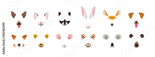Collection of video chat application effects. Bundle of cute and funny faces or masks of various animals - dog, cat, fox, raccoon, rabbit, koala, bear, mouse, deer. Colorful vector illustration.