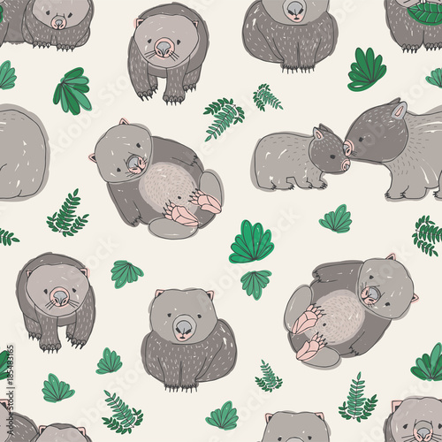 Seamless pattern with cute hand drawn wombats and green leaves. Backdrop with funny adult and baby animals on light background. Childish colorful vector illustration for textile print, wallpaper.