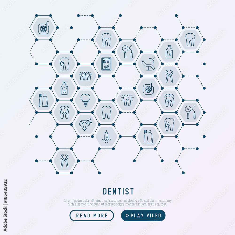 Dentist concept in honeycombs with thin line icons of tooth, implant, dental floss, crown, toothpaste, medical equipment. Modern vector illustration for banner, web page, print media.