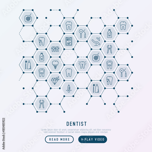 Dentist concept in honeycombs with thin line icons of tooth, implant, dental floss, crown, toothpaste, medical equipment. Modern vector illustration for banner, web page, print media.