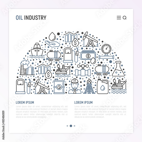 Oil industry concept in half circle with thin line icons: gas, petroleum, diesel,  truck, tanker, ship, refinery, barrel. Modern vector illustration, web page template.